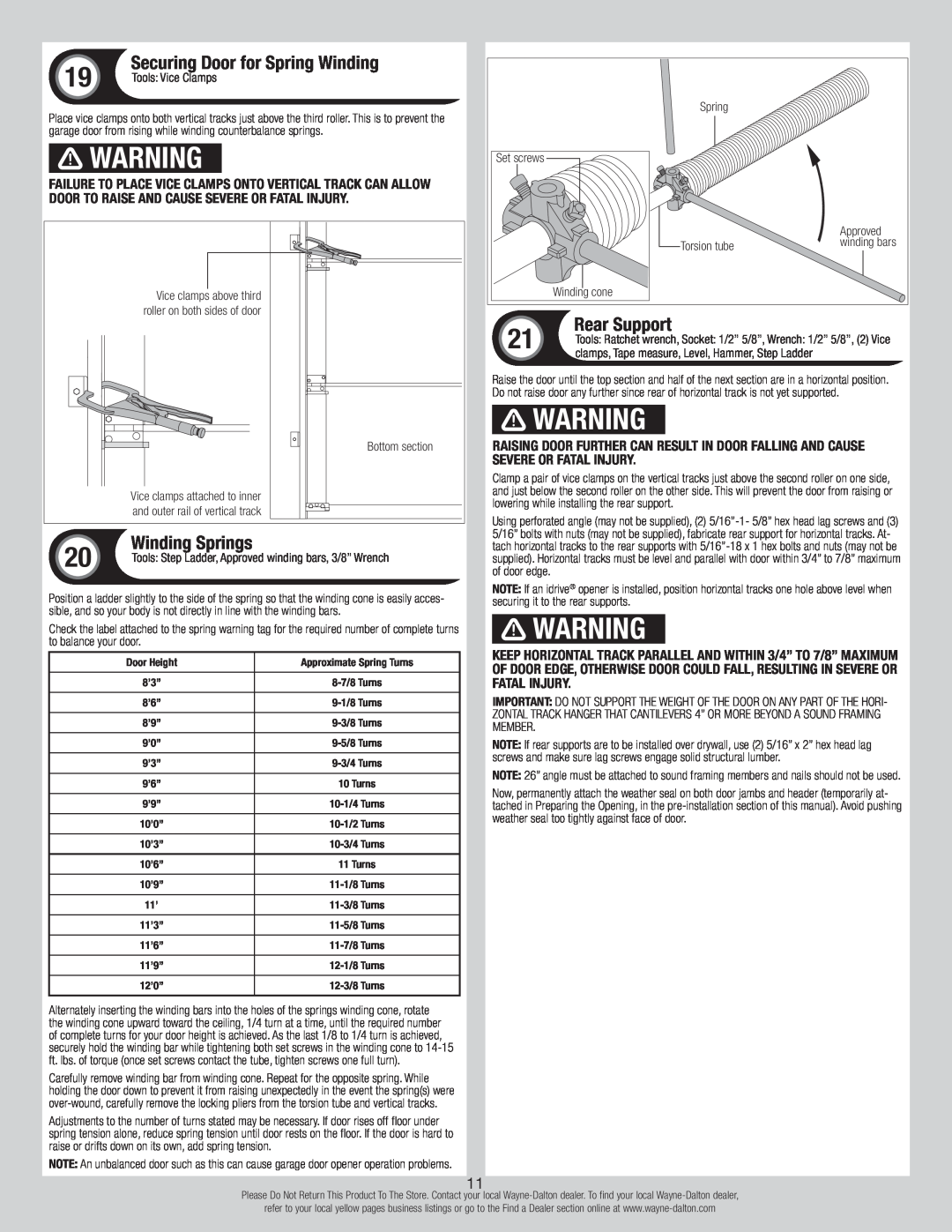 Wayne-Dalton 8500, 8300 installation instructions Rear Support, Winding Springs, Securing Door for Spring Winding 