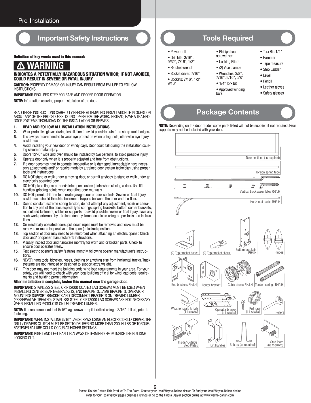 Wayne-Dalton 8300, 8500 Important Safety Instructions, Tools Required, Package Contents, Pre-Installation 