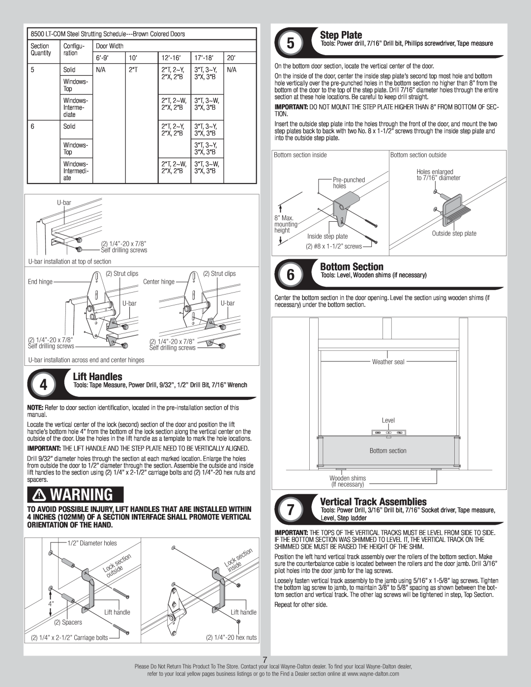 Wayne-Dalton 8500, 8300 installation instructions Lift Handles, Step Plate, Bottom Section, Vertical Track Assemblies 