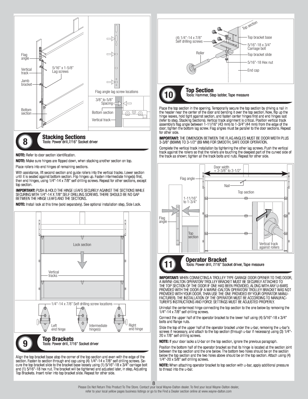 Wayne-Dalton 8300, 8500 installation instructions Stacking Sections, Top Brackets, Top Section, Operator Bracket 