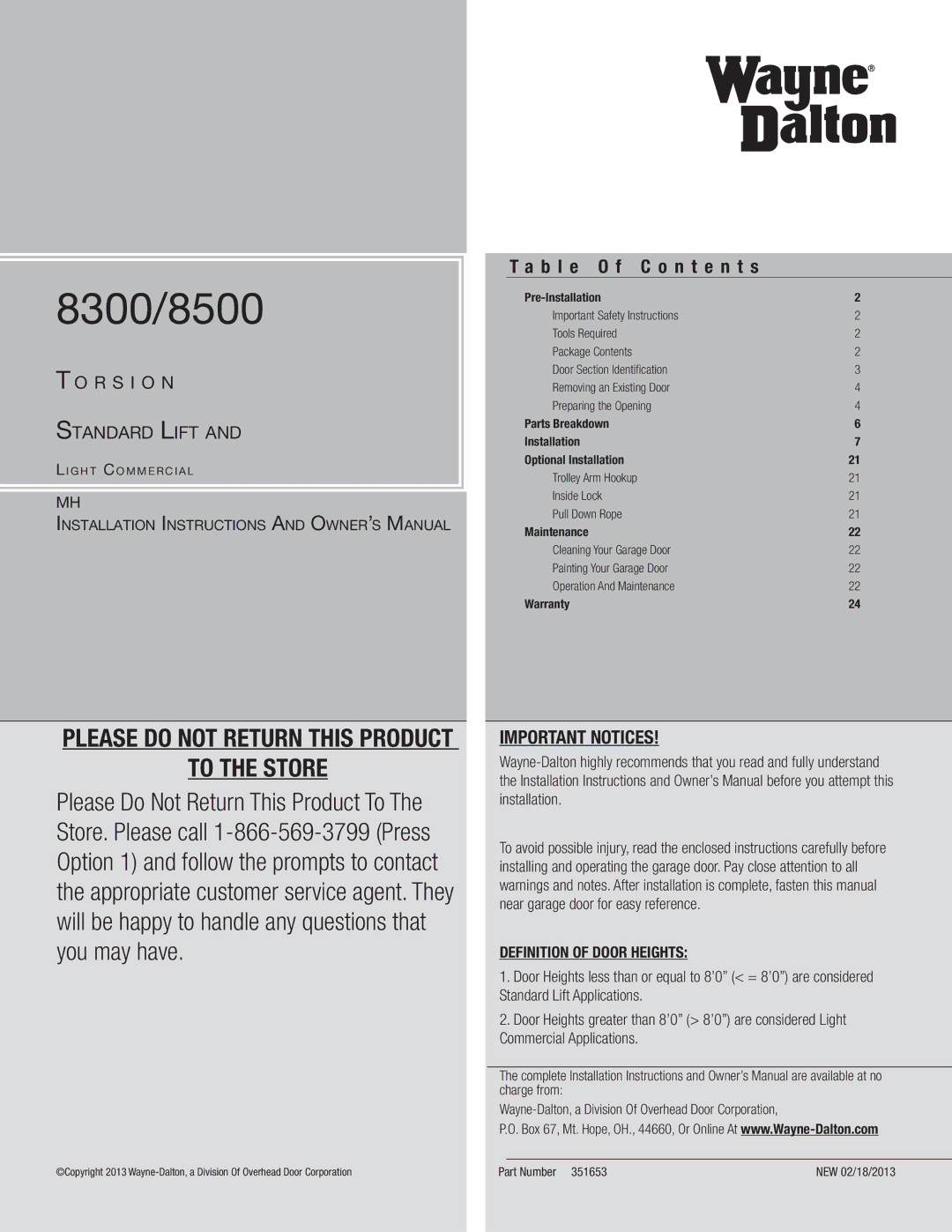 Wayne-Dalton 8300/8500 installation instructions B l e O f C o n t e n t s, Important Notices, Part Number 