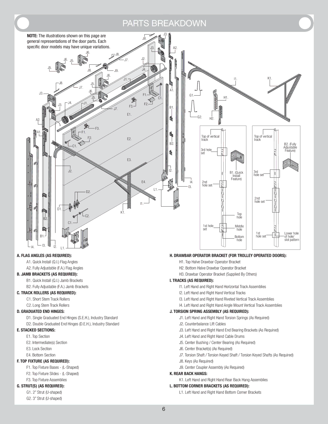 Wayne-Dalton 8300/8500 installation instructions J8. Keys As Required, L1. Left Hand and Right Hand Bottom Corner Brackets 