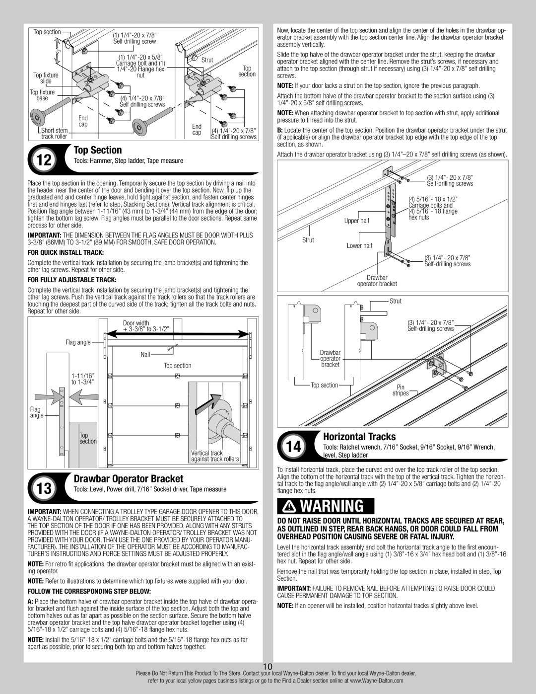 Wayne-Dalton 8300/8500 Top Section, Drawbar Operator Bracket, Horizontal Tracks, Follow the corresponding step below 