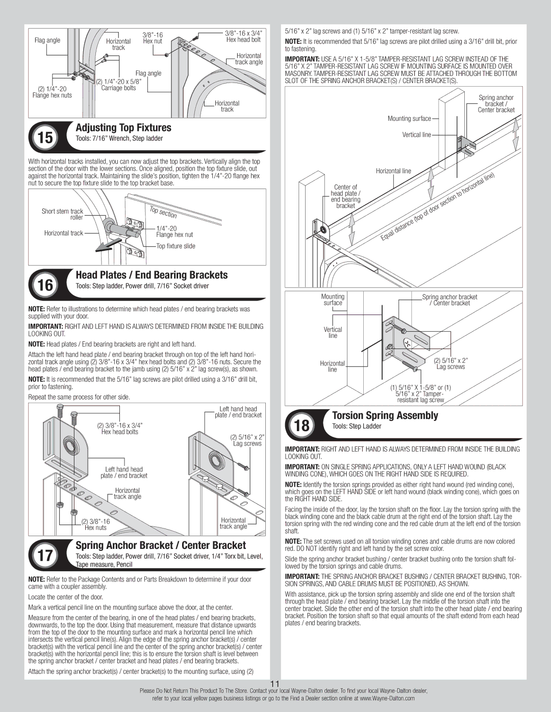 Wayne-Dalton 8300/8500 Spring Anchor Bracket / Center Bracket, Adjusting Top Fixtures, Head Plates / End Bearing Brackets 