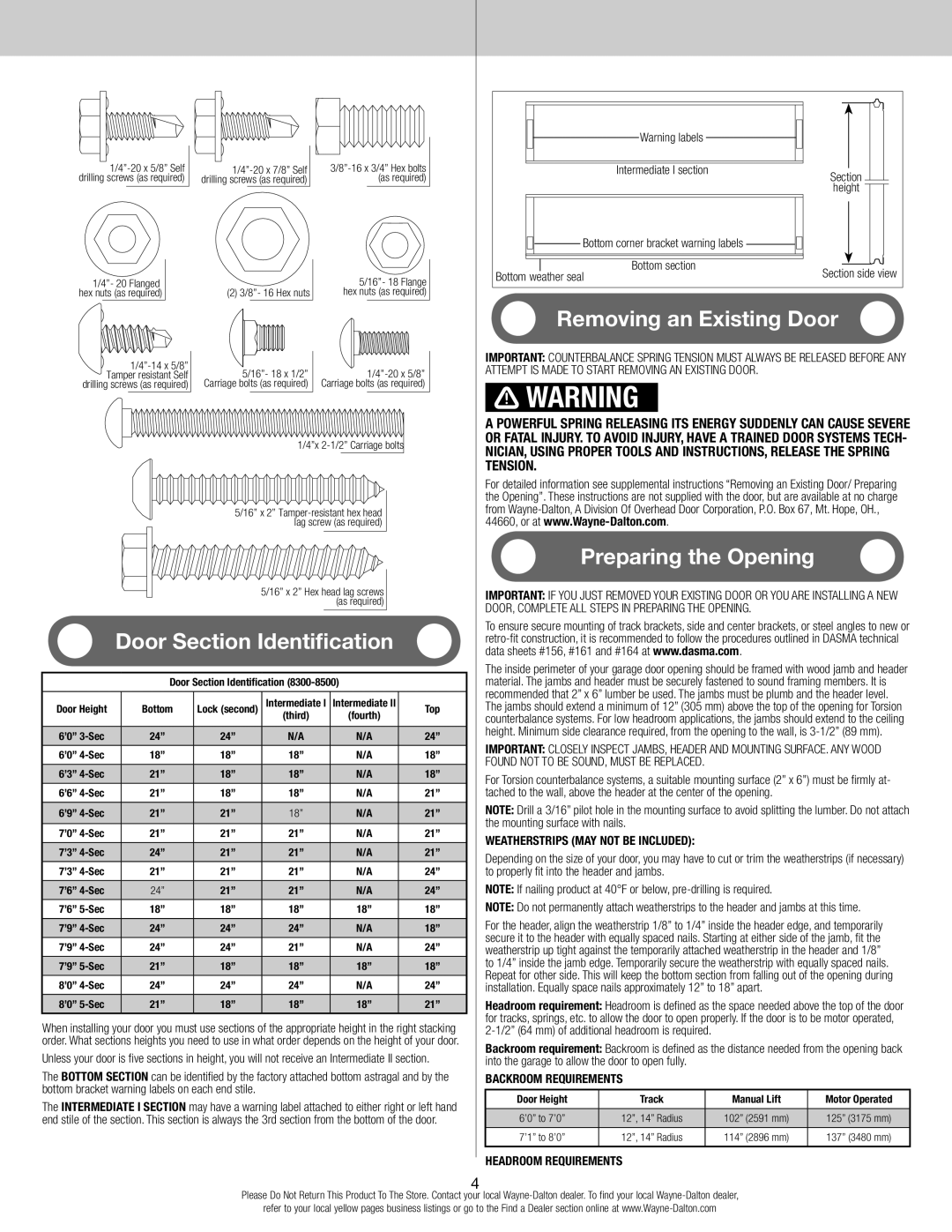 Wayne-Dalton 8300/8500 installation instructions Headroom Requirements, Bottom section, Bottom weather seal 