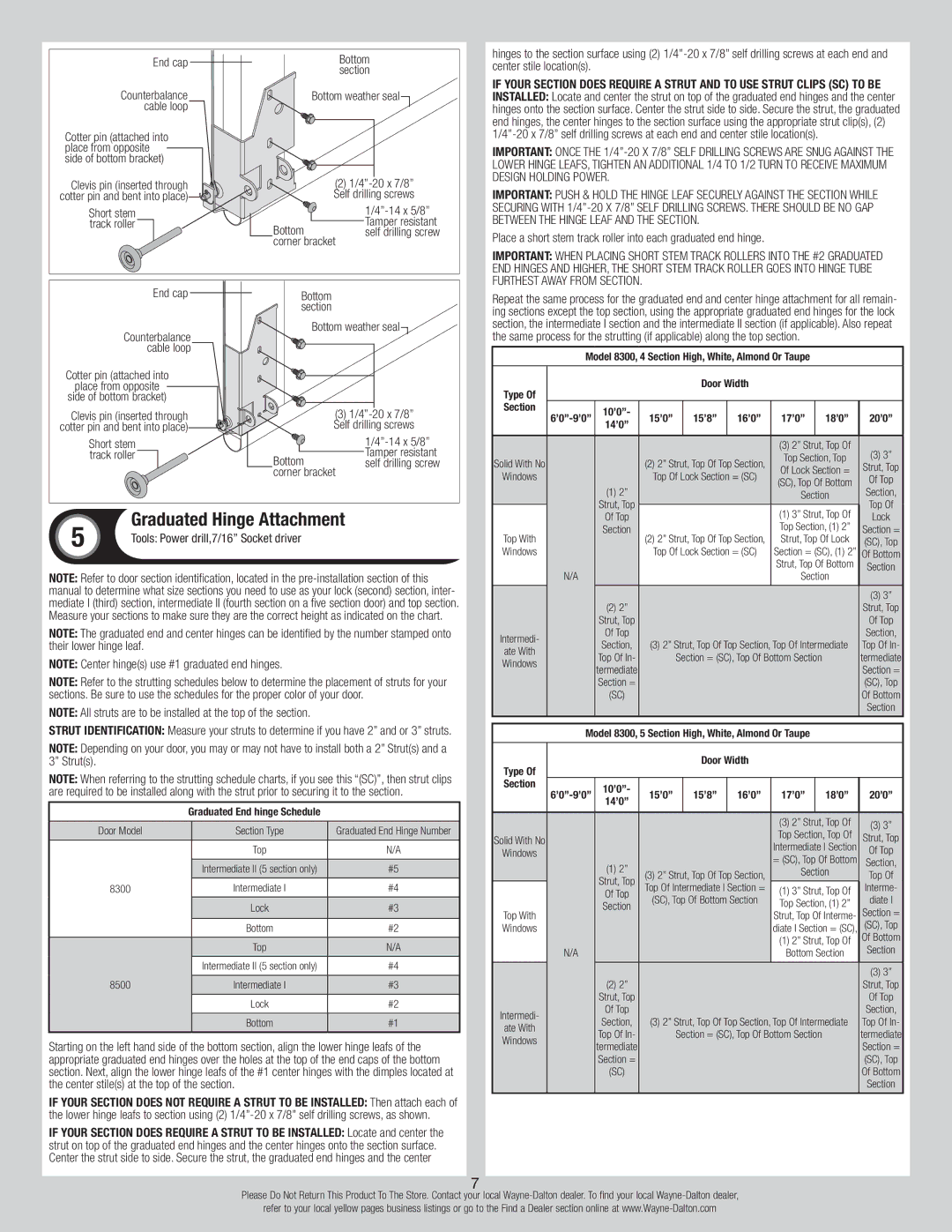 Wayne-Dalton 8300/8500 installation instructions Graduated Hinge Attachment, Tools Power drill,7/16 Socket driver 