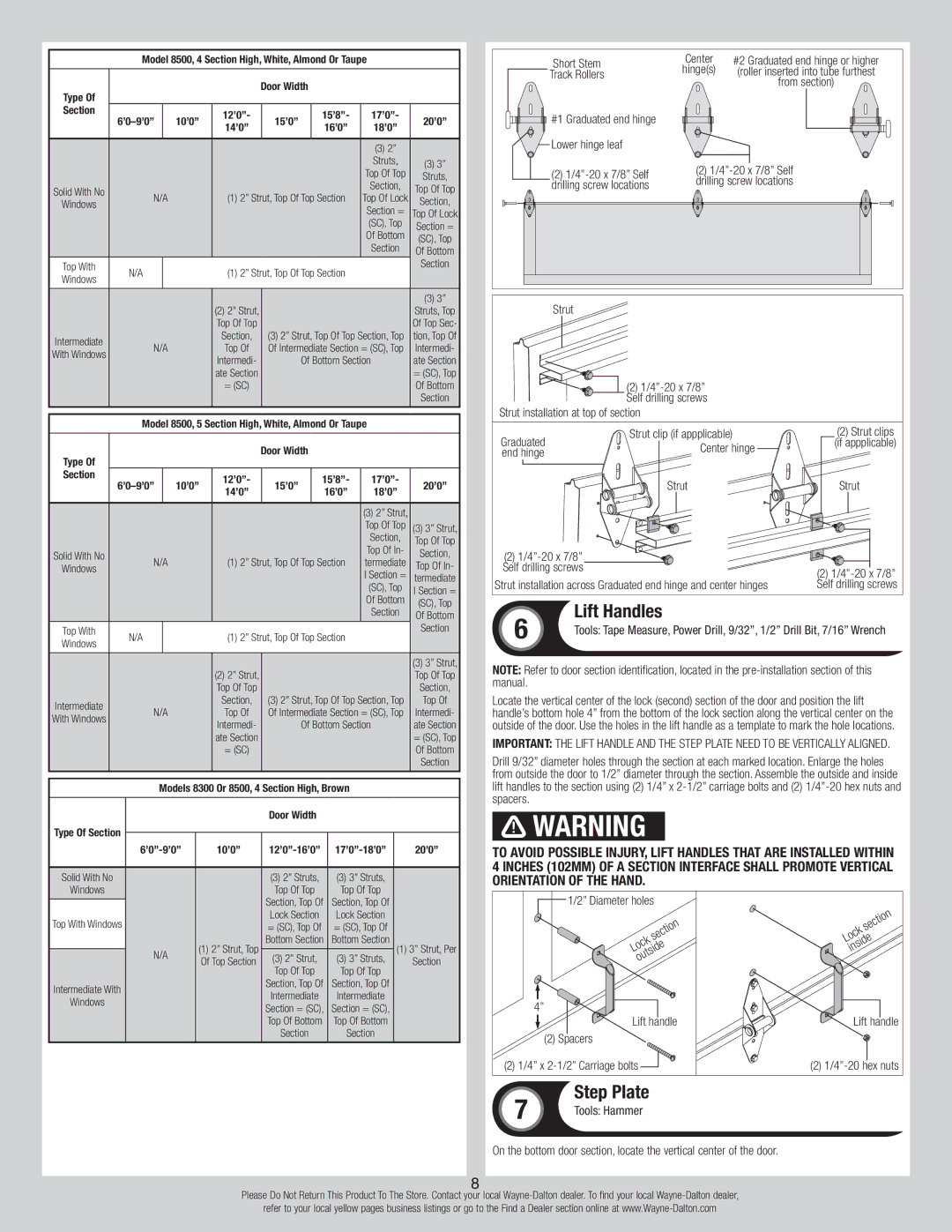 Wayne-Dalton 8300/8500 installation instructions Lift Handles, Step Plate 