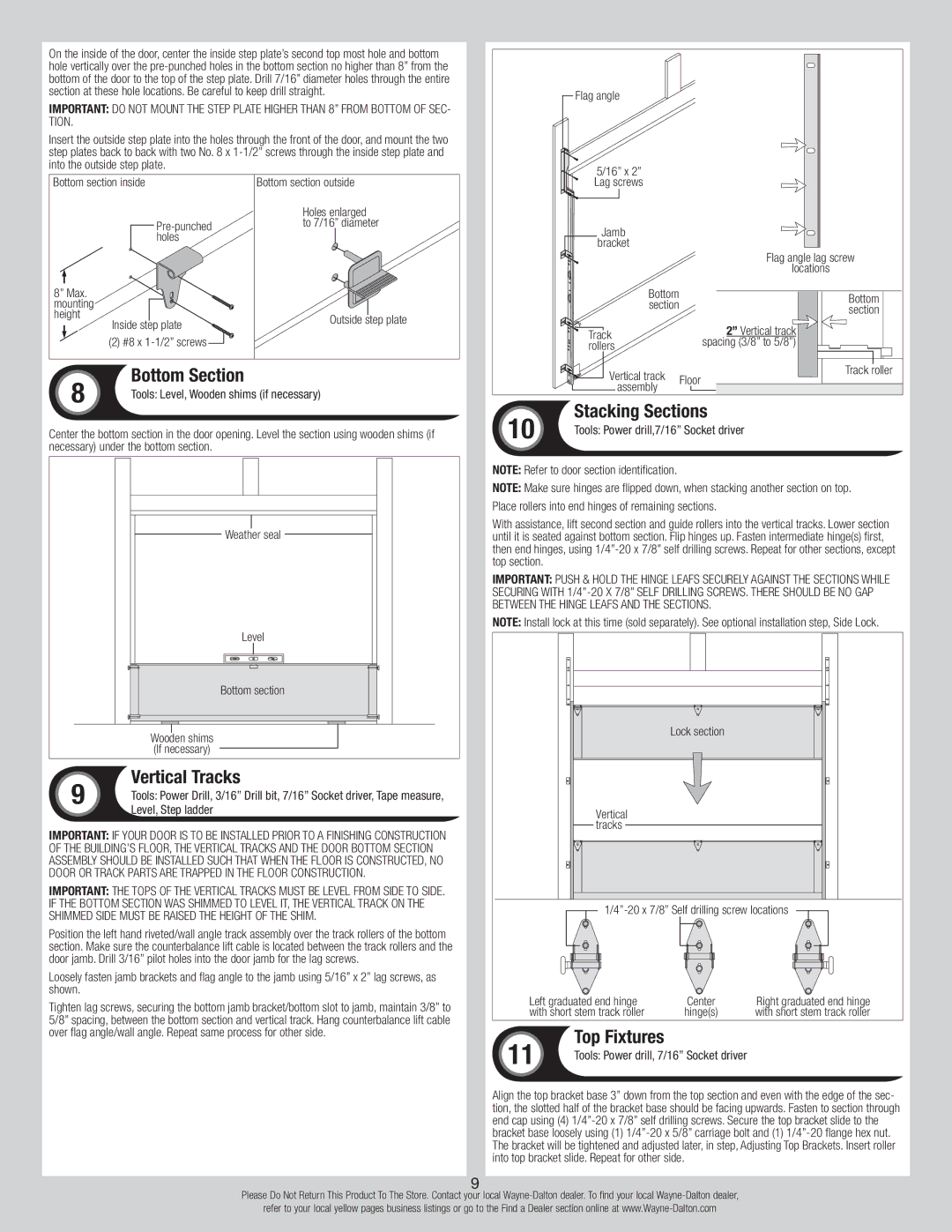 Wayne-Dalton 8300/8500 Bottom Section, Vertical Tracks, Stacking Sections, Tools Level, Wooden shims if necessary 