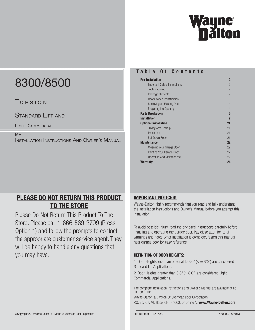 Wayne-Dalton 8300/8500 installation instructions T a b l e O f C o n t e n t s, Important Notices 