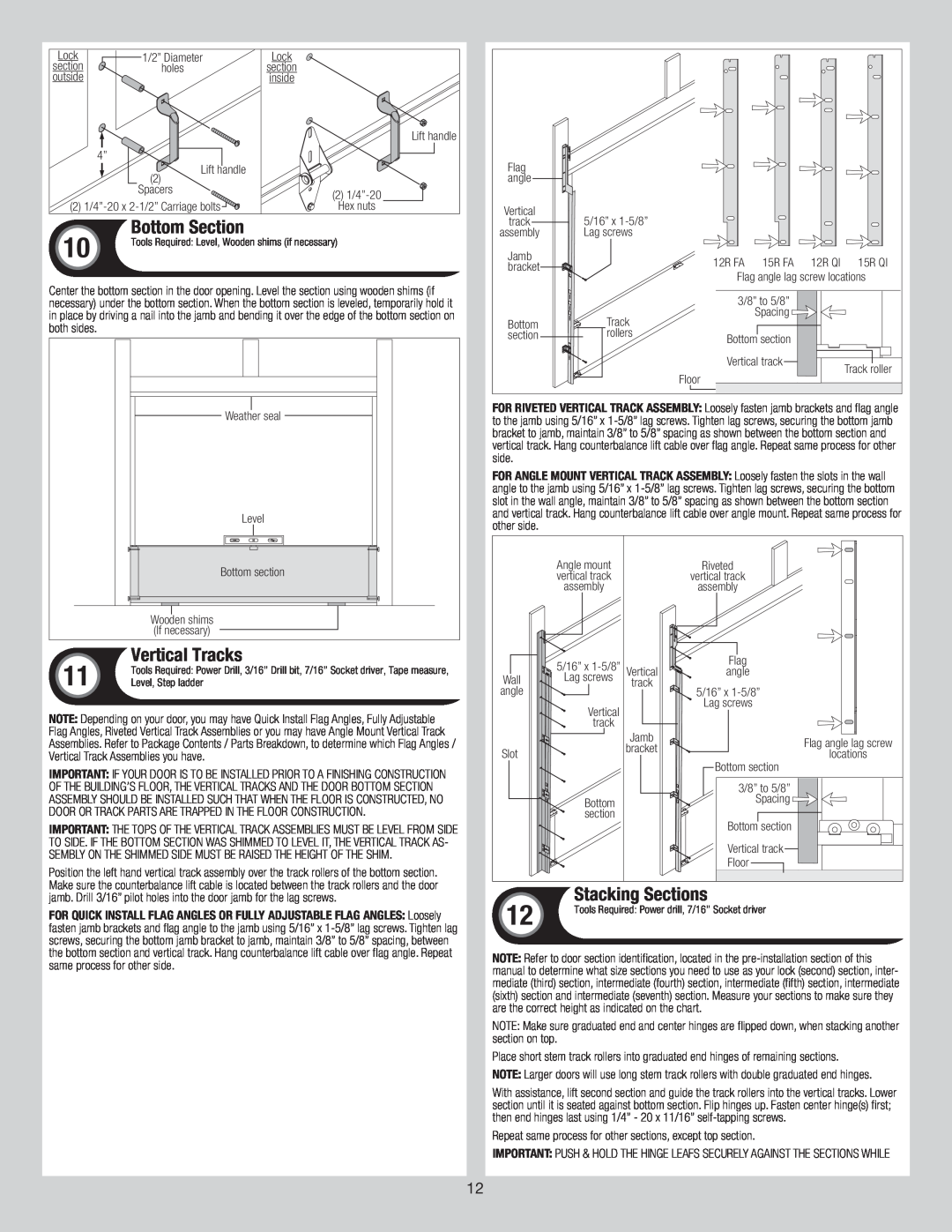 Wayne-Dalton 8300/8500 installation instructions Bottom Section, Vertical Tracks, Stacking Sections 