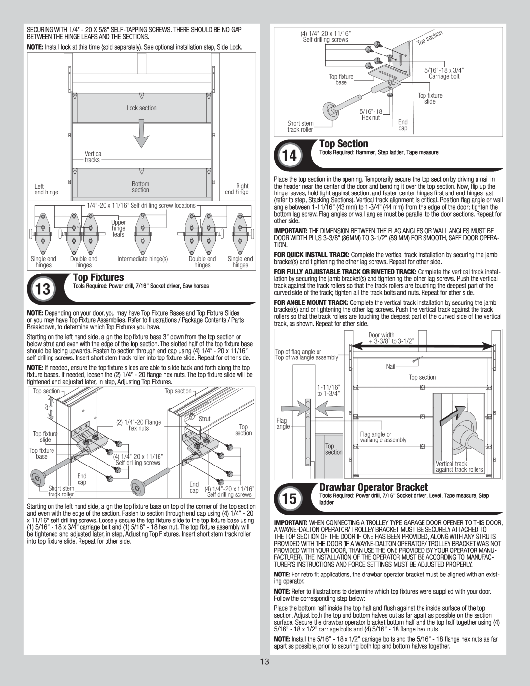 Wayne-Dalton 8300/8500 installation instructions Top Fixtures, Top Section, Drawbar Operator Bracket 