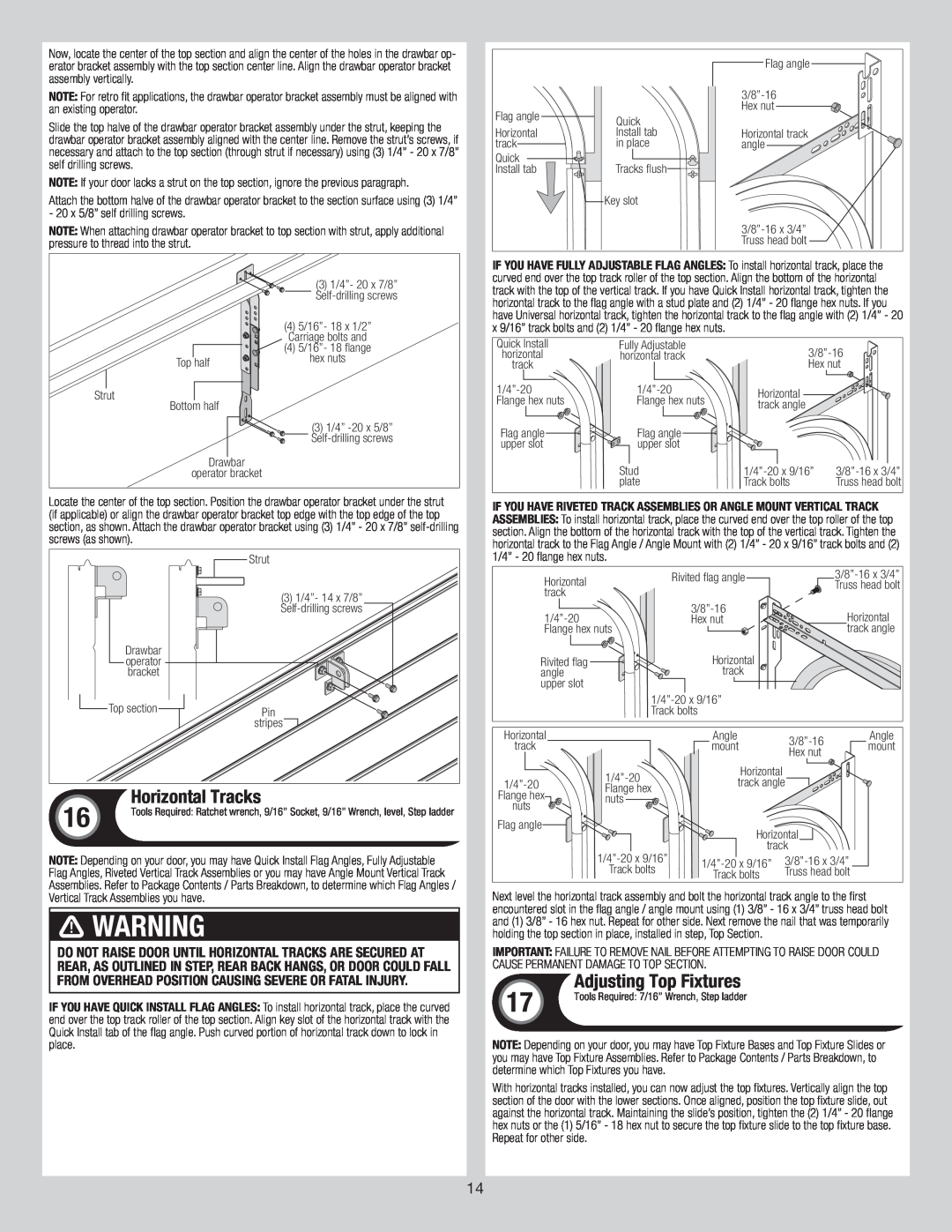 Wayne-Dalton 8300/8500 installation instructions Horizontal Tracks, Adjusting Top Fixtures, WarningARNING 