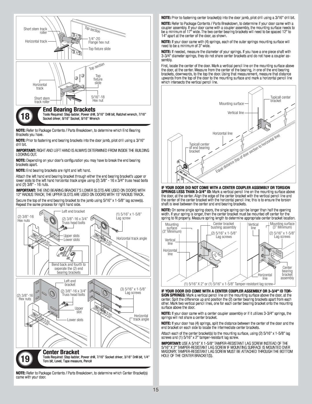 Wayne-Dalton 8300/8500 installation instructions End Bearing Brackets, Center Bracket, section 