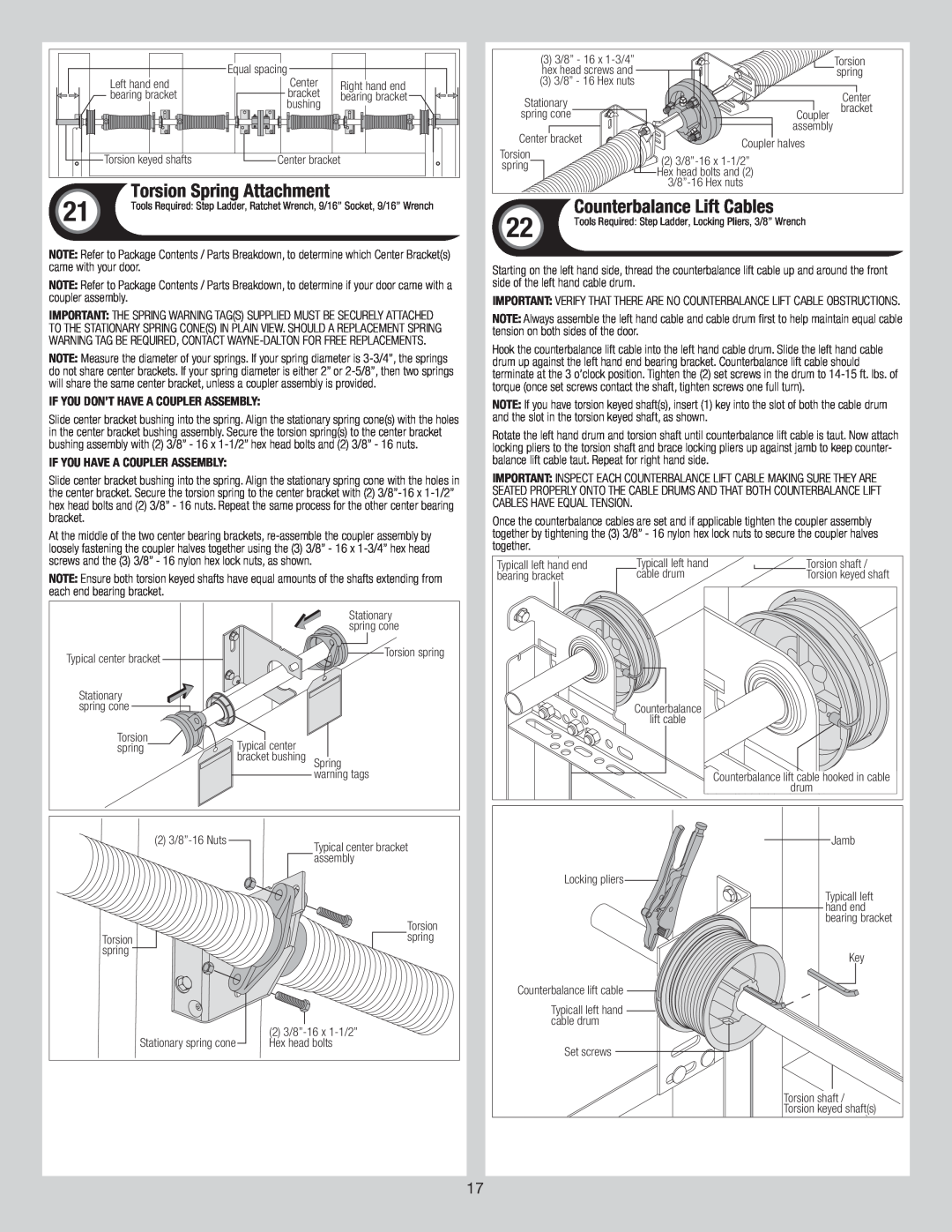 Wayne-Dalton 8300/8500 installation instructions Torsion Spring Attachment, Counterbalance Lift Cables 