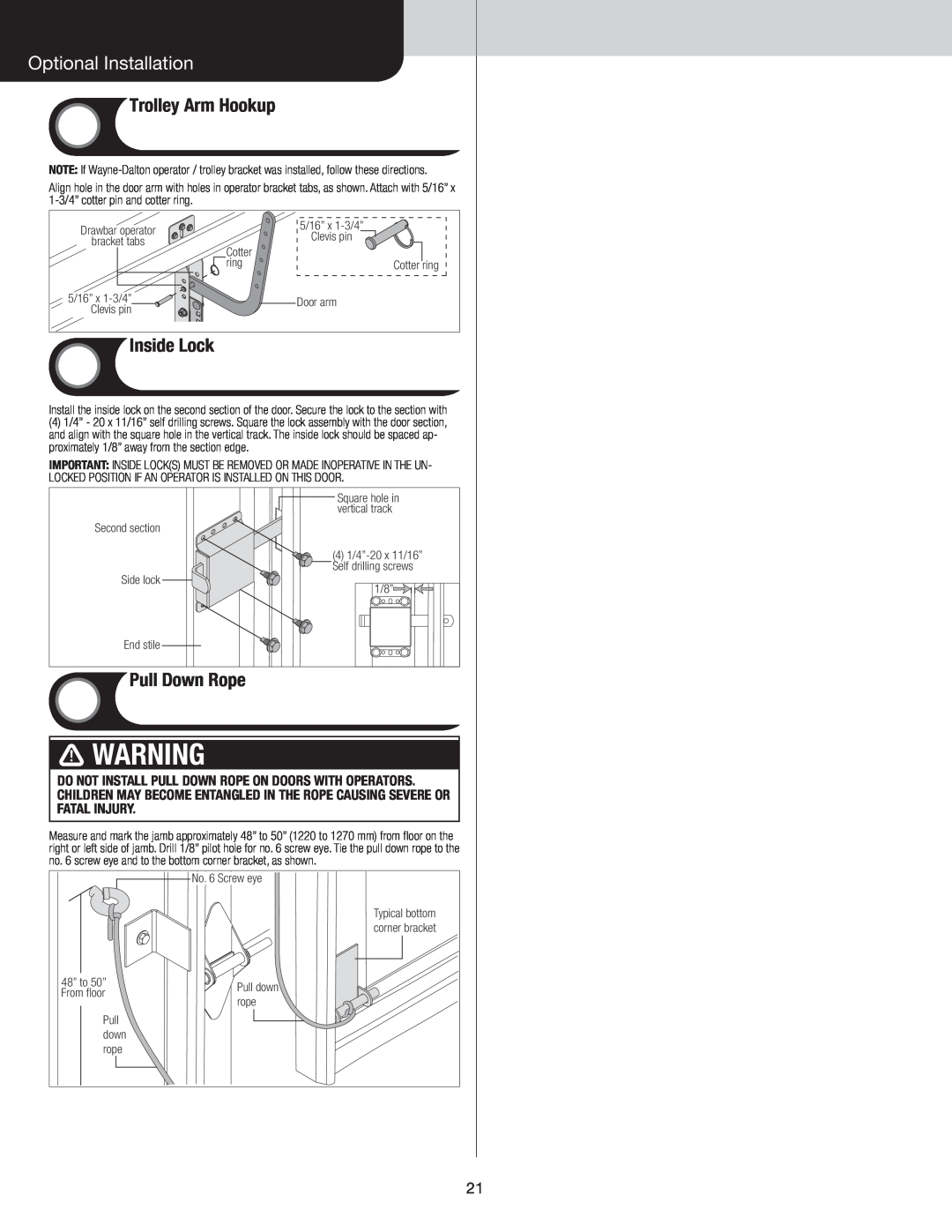 Wayne-Dalton 8300/8500 Optional Installation, Trolley Arm Hookup, Inside Lock, Pull Down Rope, WarningARNING 