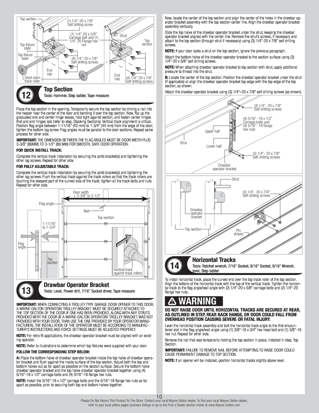 Wayne-Dalton 8300/8500 installation instructions Top Section, Drawbar Operator Bracket, Horizontal Tracks 