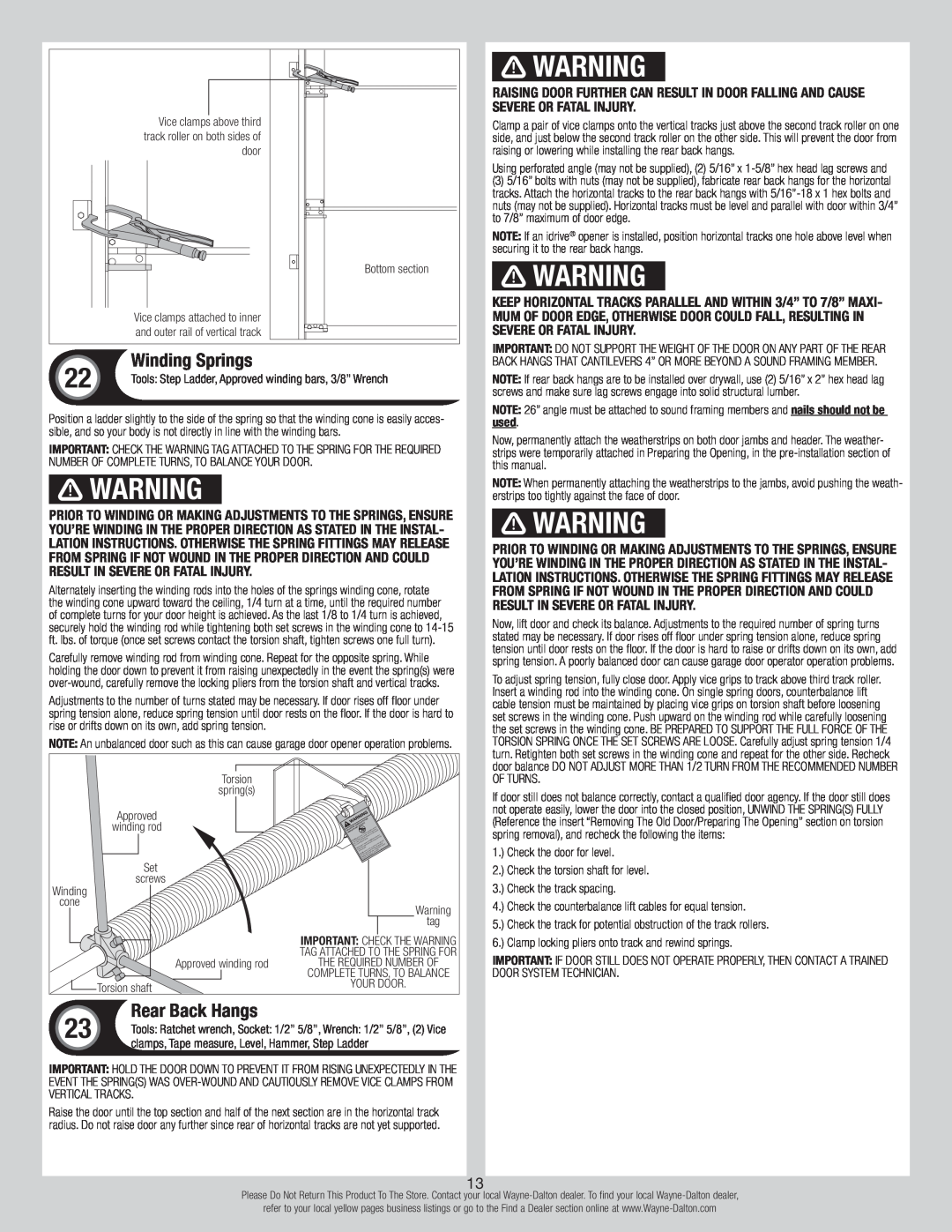 Wayne-Dalton 8300/8500 installation instructions Winding Springs, Rear Back Hangs 