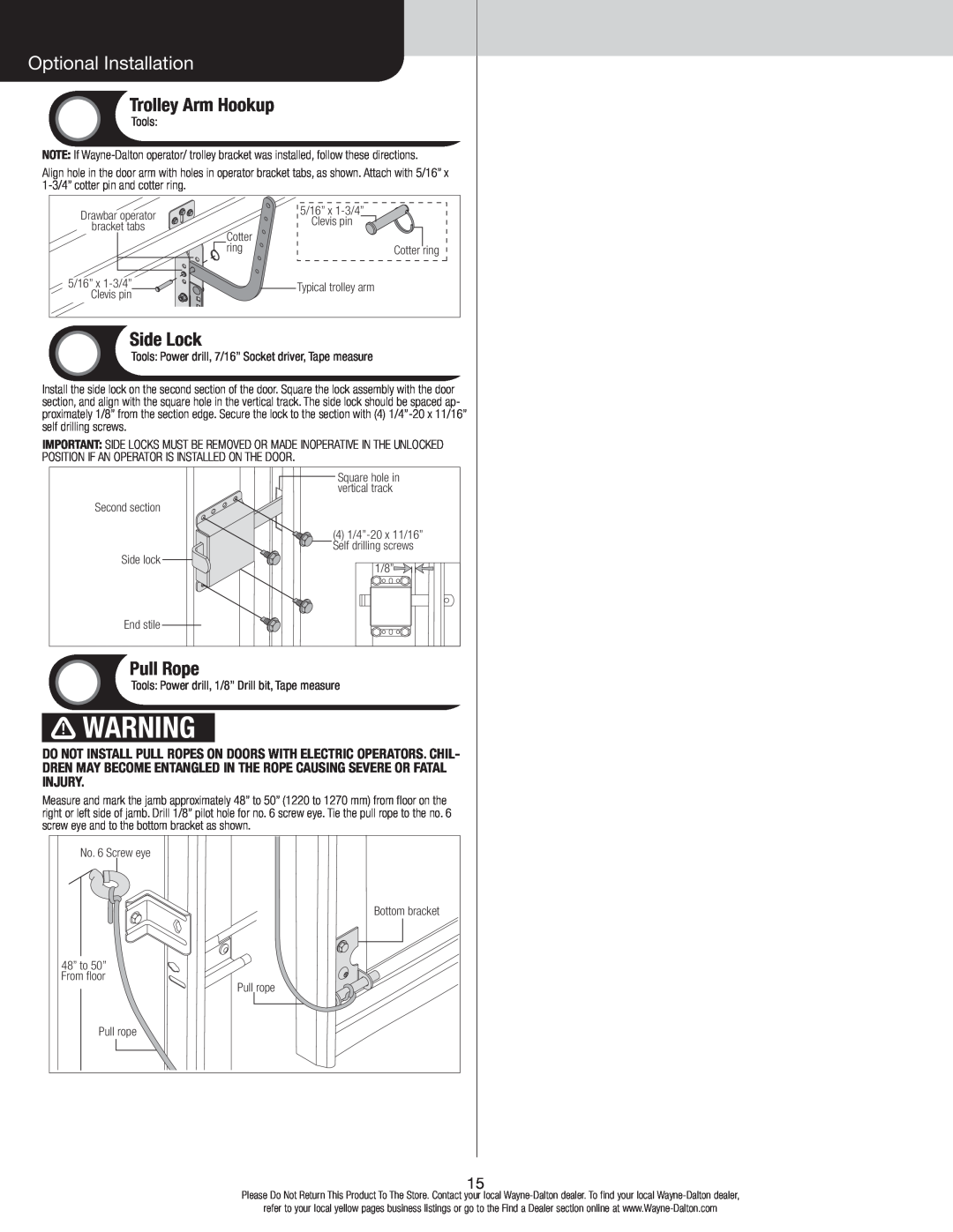 Wayne-Dalton 8300/8500 installation instructions Optional Installation, Trolley Arm Hookup, Side Lock, Pull Rope 