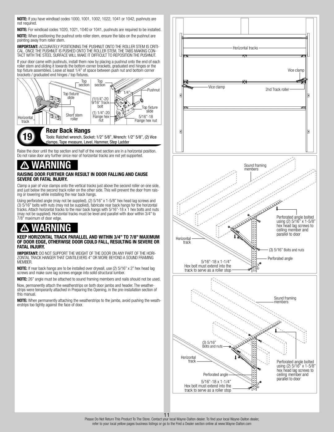 Wayne-Dalton 8700 Rear Back Hangs, Horizontal tracks, Vice clamp 2nd Track roller Sound framing Members, Bolts and nuts 