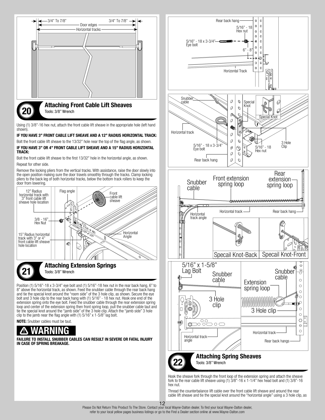 Wayne-Dalton 8700 Spring loop, Attaching Extension Springs, Attaching Spring Sheaves, Tools 3/8 Wrench 