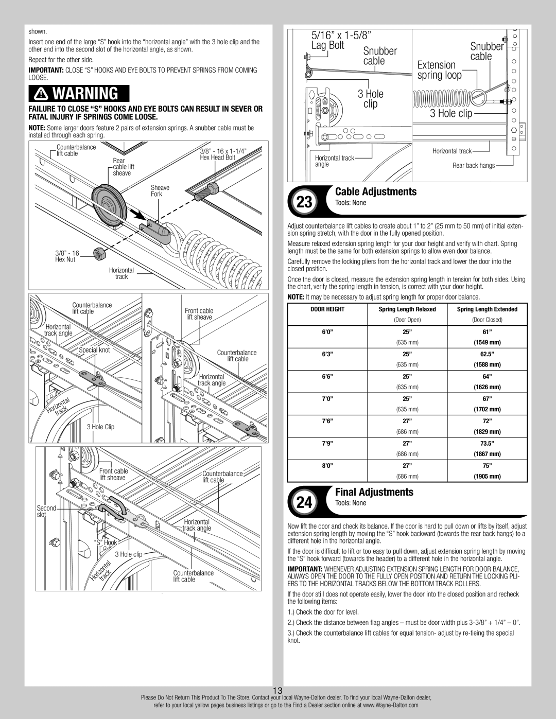 Wayne-Dalton 8700 installation instructions Cable Adjustments, Final Adjustments 