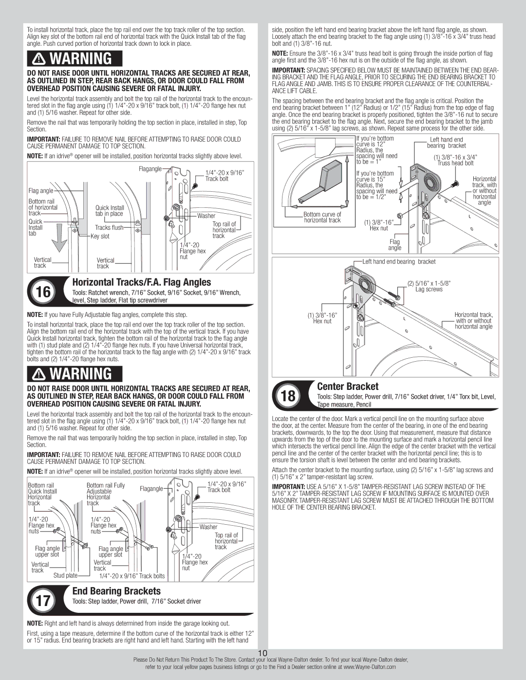 Wayne-Dalton 8700 Horizontal Tracks/F.A. Flag Angles, Center Bracket, End Bearing Brackets, Tape measure, Pencil 