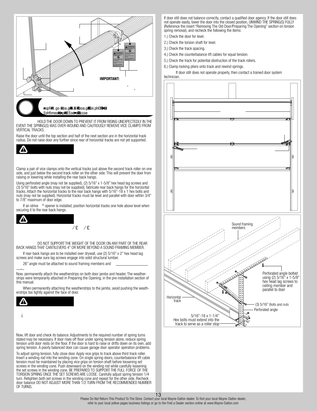 Wayne-Dalton 8700 installation instructions Rear Back Hangs, Check the door for level 