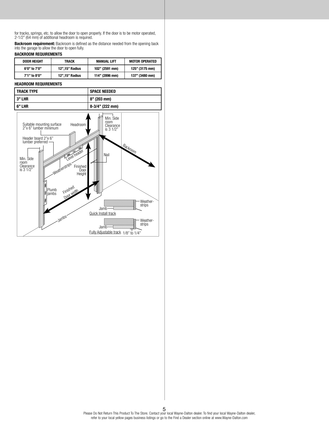 Wayne-Dalton 8700 installation instructions Headroom Requirements, LHR 203 mm 