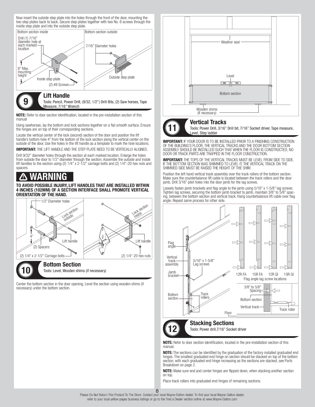 Wayne-Dalton 8700 Lift Handle, Vertical Tracks, Bottom Section, Stacking Sections, Level, Step ladder 