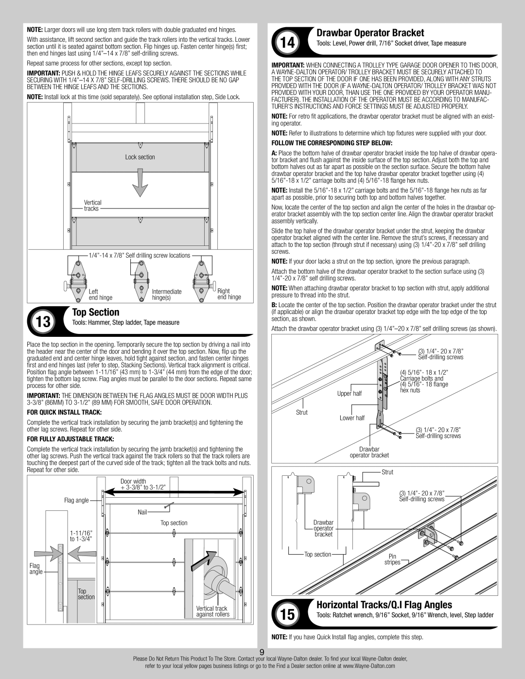 Wayne-Dalton 8700 Drawbar Operator Bracket, Horizontal Tracks/Q.I Flag Angles, Tools Hammer, Step ladder, Tape measure 