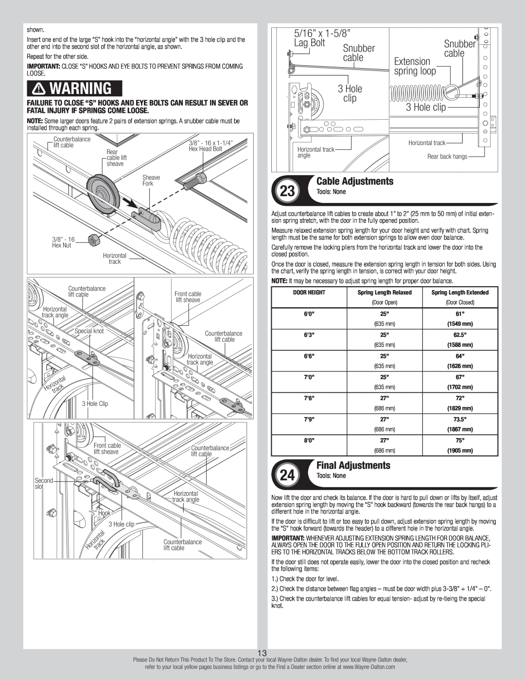 Wayne-Dalton 8700 Cable Adjustments, Final Adjustments, 5/16” x 1-5/8”, Lag Bolt, Snubber, cable, Extension, Hole, clip 