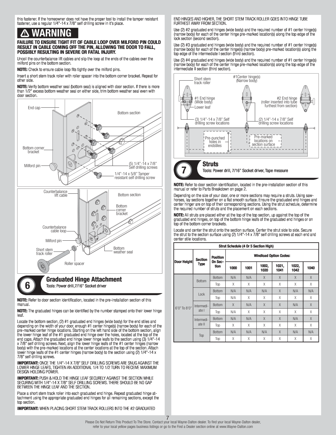 Wayne-Dalton 8700 installation instructions Struts, Graduated Hinge Attachment 