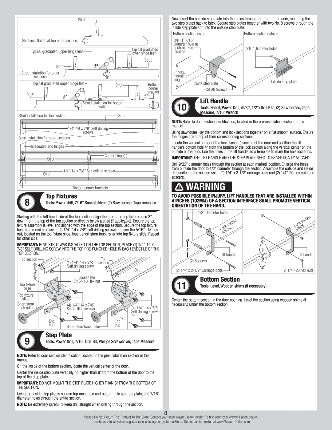 Wayne-Dalton 8700 installation instructions Top Fixtures, Step Plate, Lift Handle, Bottom Section 