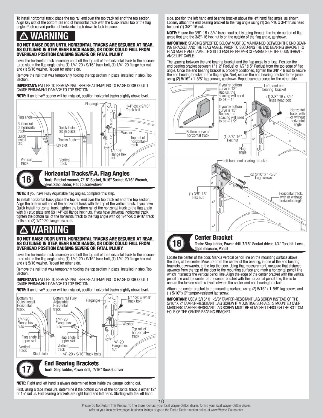 Wayne-Dalton 8700 installation instructions Horizontal Tracks/F.A. Flag Angles, Center Bracket, End Bearing Brackets 