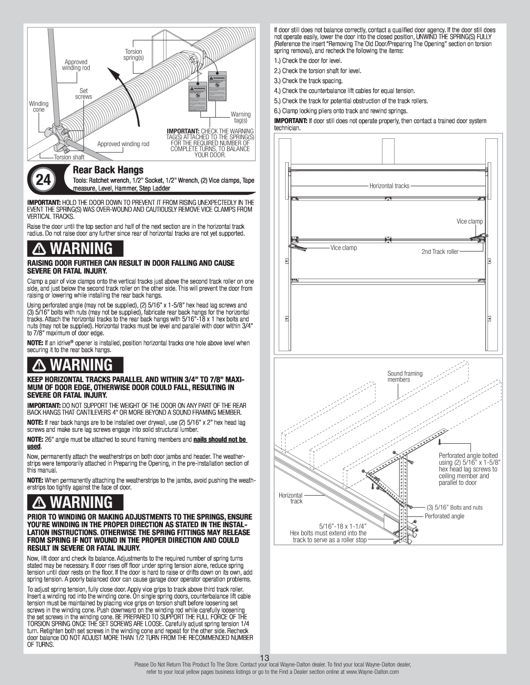 Wayne-Dalton 8700 installation instructions Rear Back Hangs 