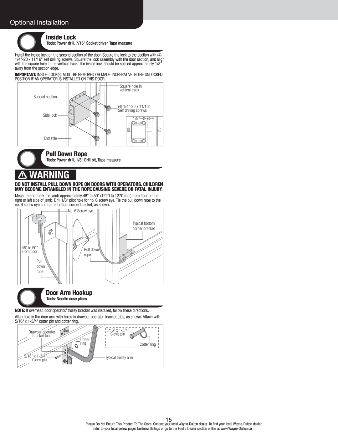 Wayne-Dalton 8700 installation instructions Optional Installation, Inside Lock, Pull Down Rope, Door Arm Hookup 