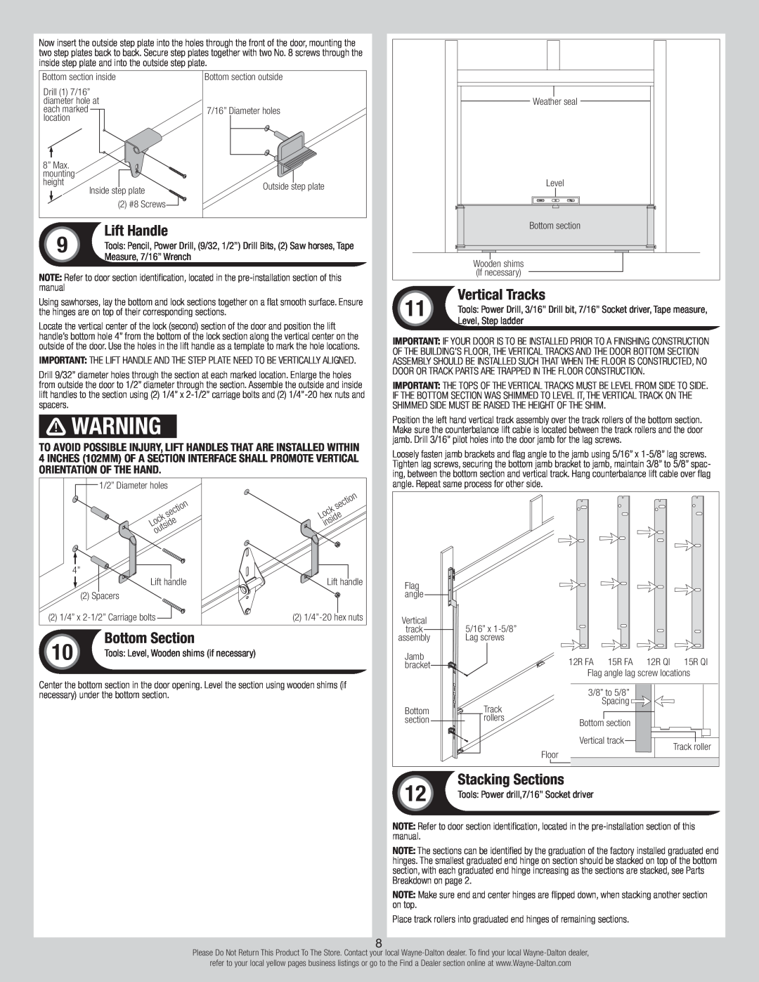 Wayne-Dalton 8700 installation instructions Lift Handle, Vertical Tracks, Bottom Section, Stacking Sections 
