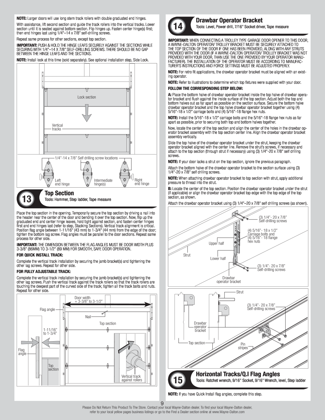 Wayne-Dalton 8700 installation instructions Drawbar Operator Bracket, Horizontal Tracks/Q.I Flag Angles, Top Section 
