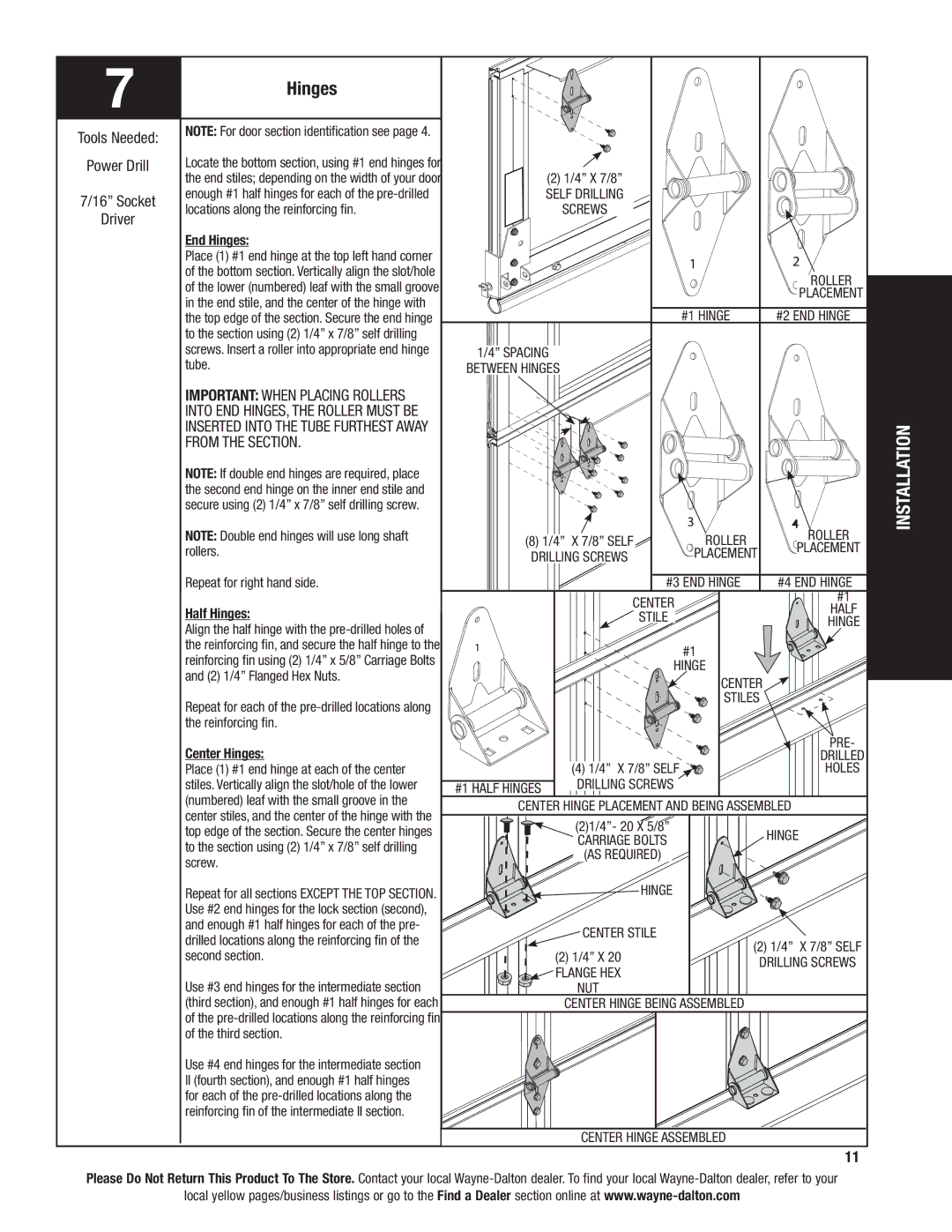 Wayne-Dalton 8800 installation instructions Hinges, Important When Placing Rollers 