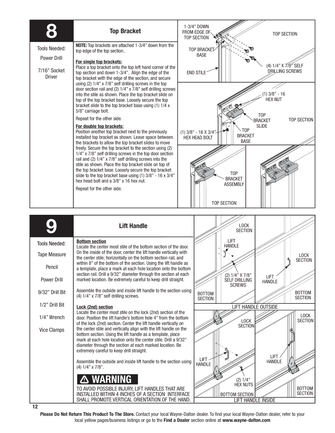 Wayne-Dalton 8800 installation instructions Top Bracket, Lift Handle, Lift handle outside, Lift handle inside 