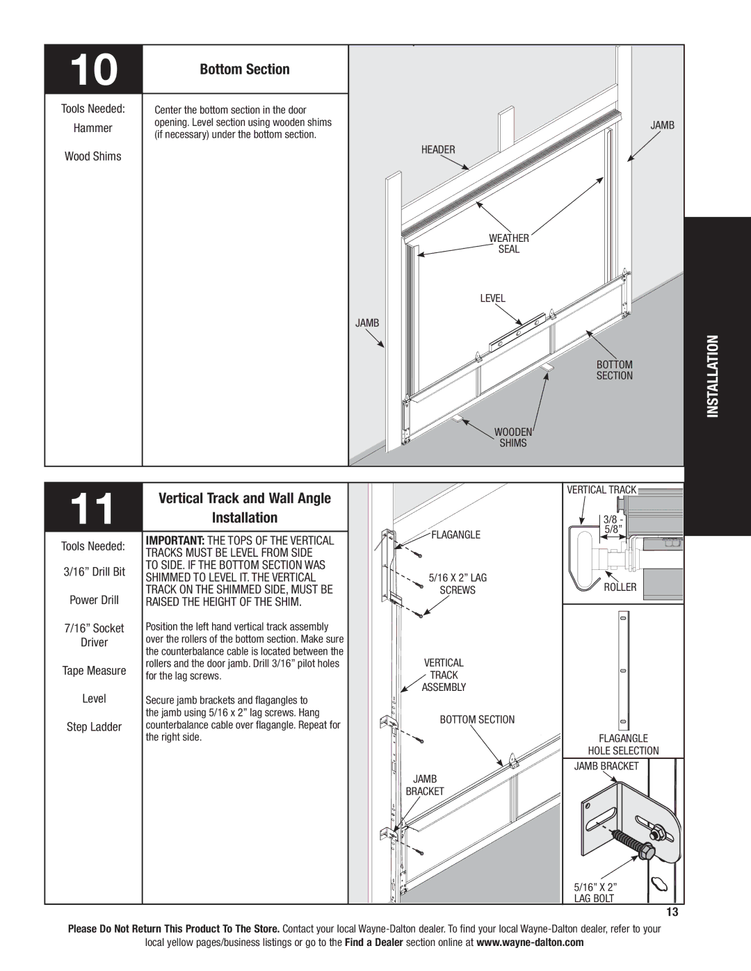 Wayne-Dalton 8800 installation instructions Bottom Section, Vertical Track and Wall Angle 