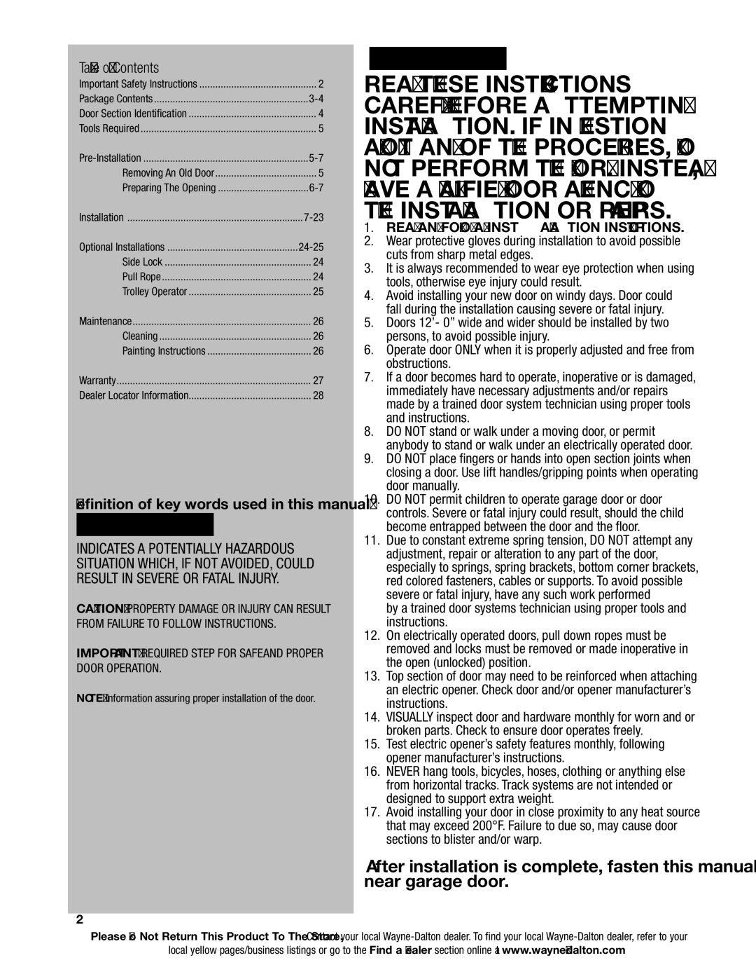 Wayne-Dalton 8800 installation instructions Table of Contents 