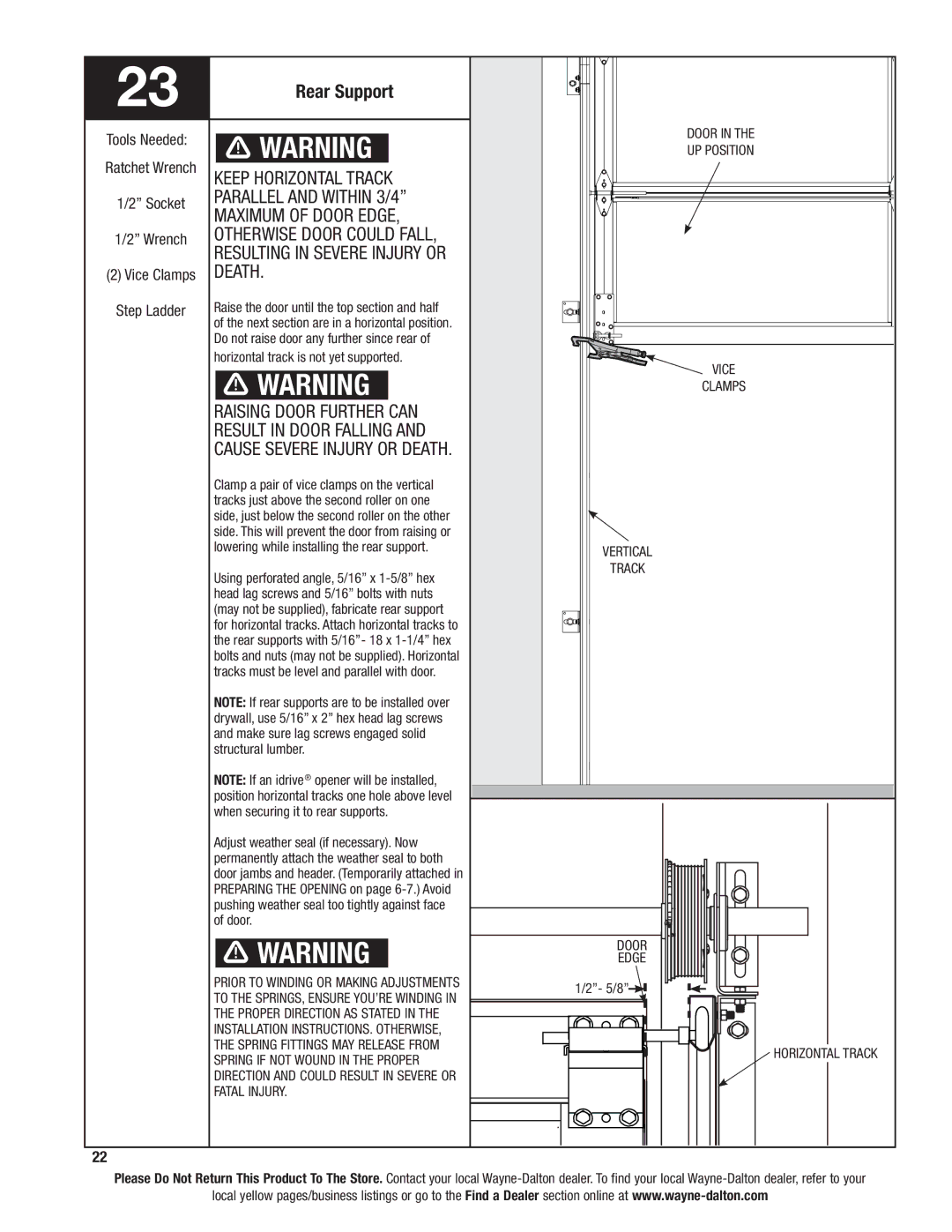 Wayne-Dalton 8800 Rear Support, Keep horizontal track, Parallel and within 3/4 Maximum of door edge, Death 