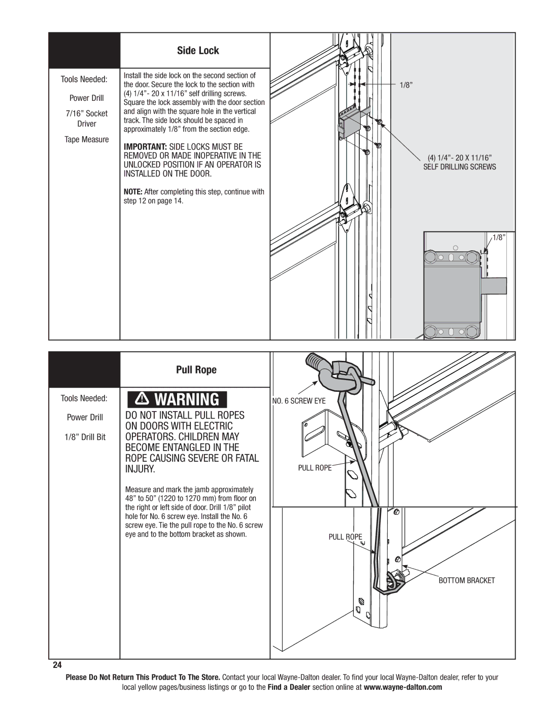 Wayne-Dalton 8800 installation instructions Side Lock, Pull Rope 