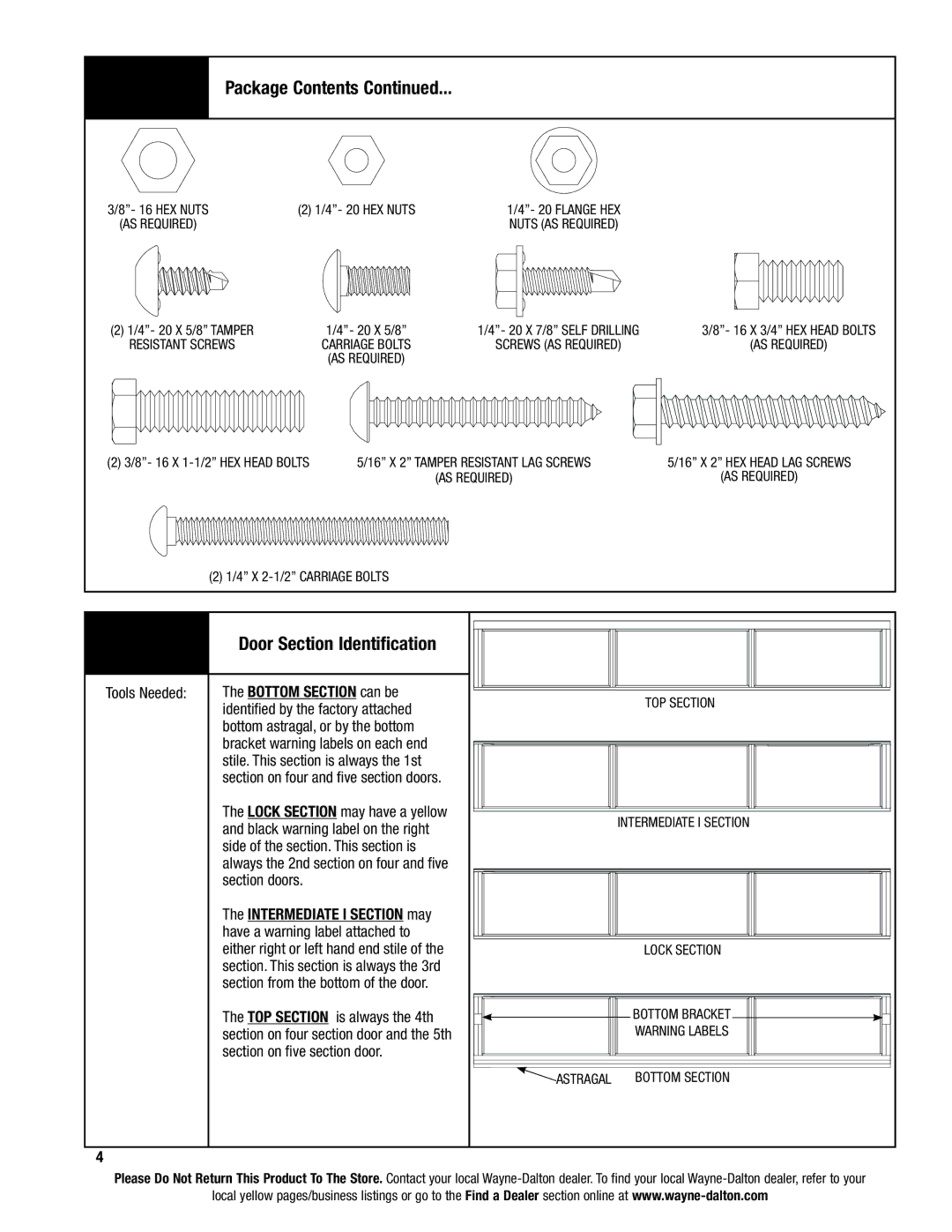 Wayne-Dalton 8800 installation instructions Door Section Identification 