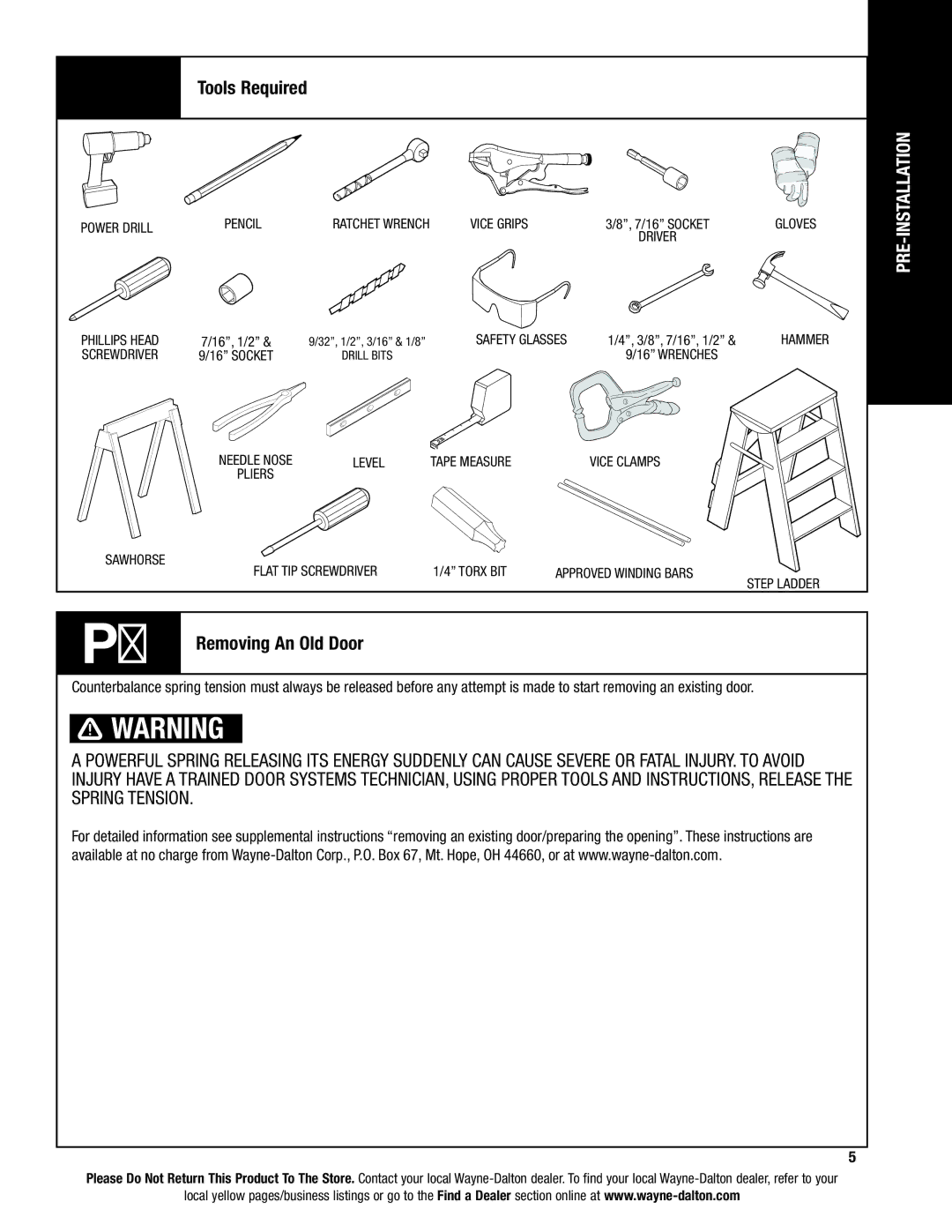 Wayne-Dalton 8800 installation instructions P1 Removing An Old Door, Tools Required 