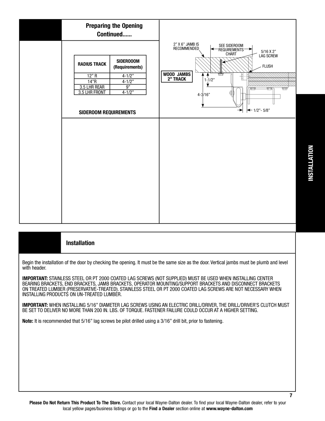 Wayne-Dalton 8800 installation instructions Installation, Sideroom requirements 