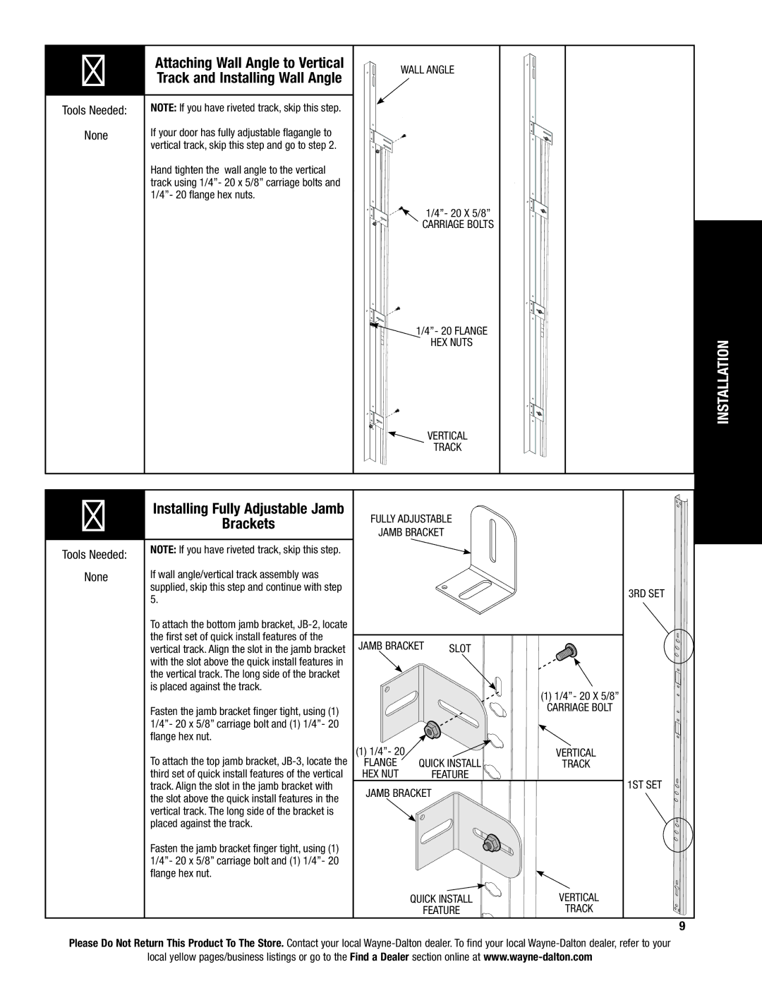 Wayne-Dalton 8800 installation instructions Track and Installing Wall Angle, Installing Fully Adjustable Jamb, Brackets 