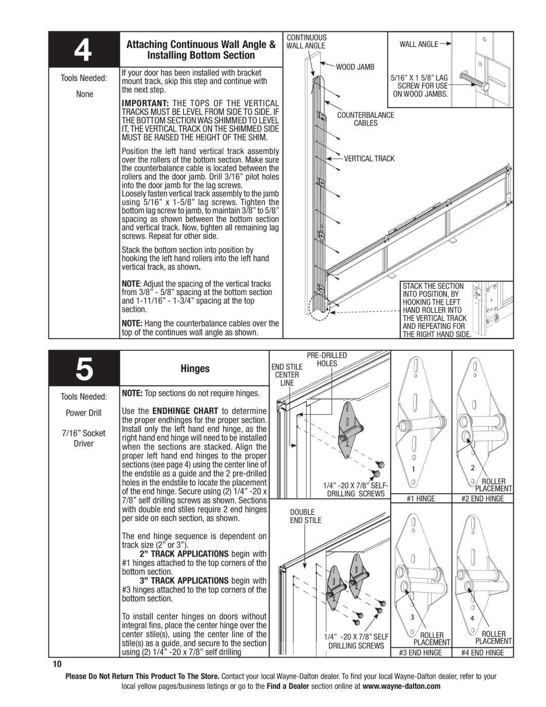 Wayne-Dalton 8850 installation instructions Installing Bottom Section, Hinges 