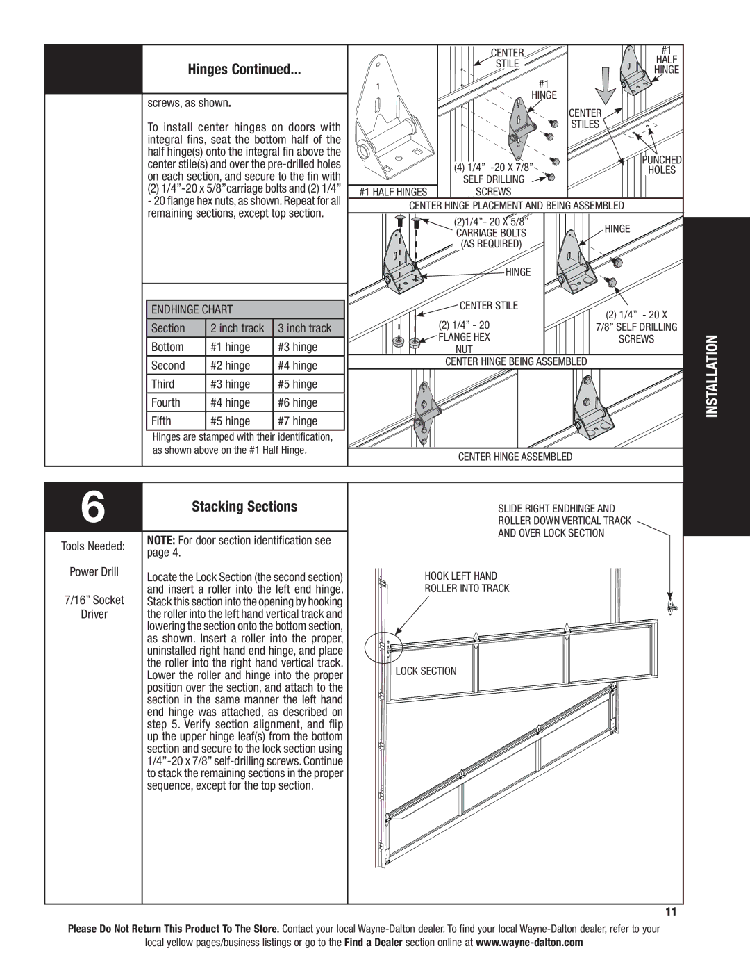 Wayne-Dalton 8850 installation instructions Stacking Sections, Section Inch track 